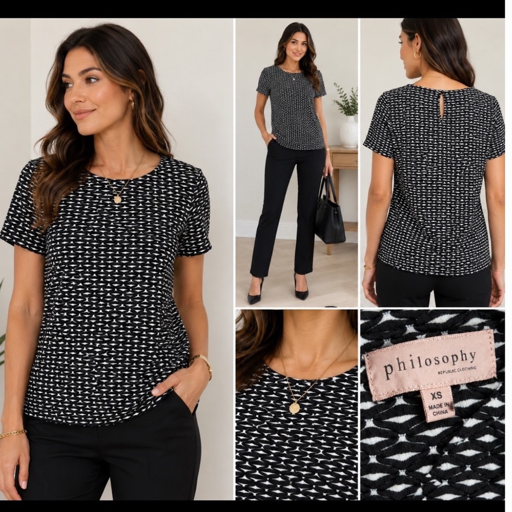 Philosophy Republic Clothing Black White Geometric Textured Top XS Keyhole Back